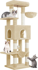 Hzuaneri MS14918YL Krabpaal, 149 cm kattenboom, kattenkrabpaal met 5 krabzuilen, grote platforms, verstophol, meerlaags kattenactiviteitscentrum, pompons, beige