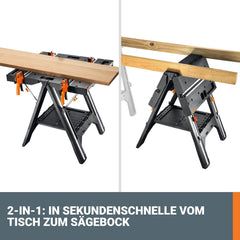 WORX Pegasus WX051 mobiele multifunctionele werkbank, max. belasting 450kg, inklapbaar voor de werkplaats, incl. snelklemvoorziening