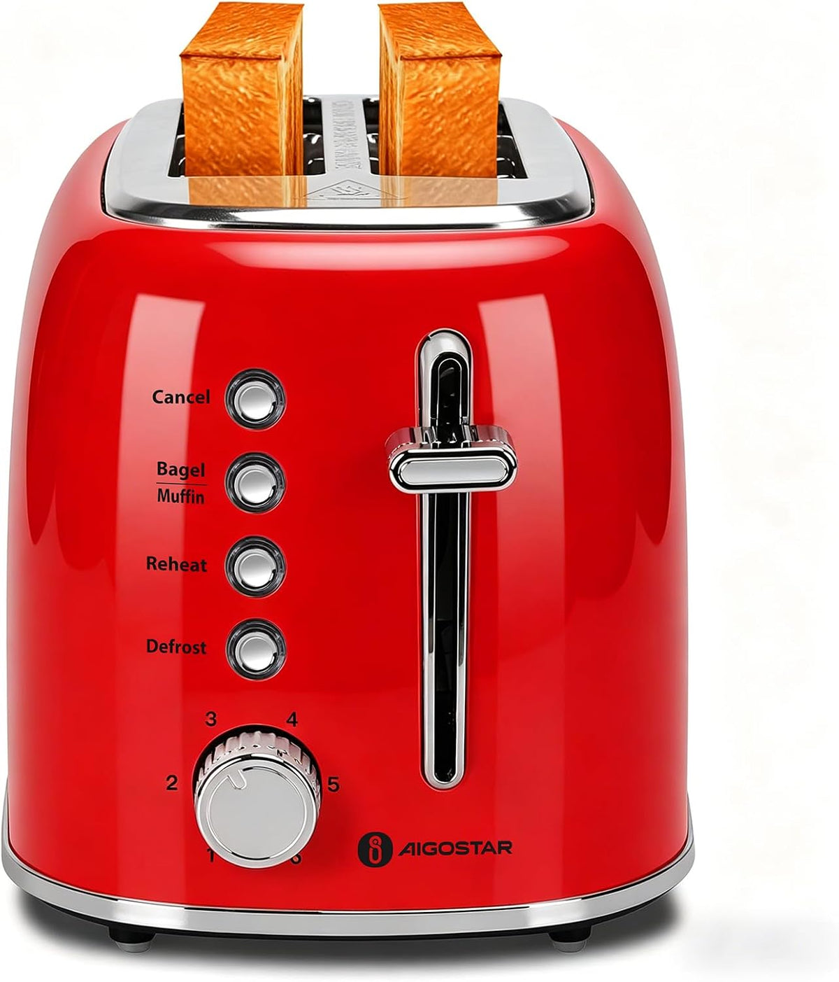 Aigostar Broodrooster met 2 schijven, 4 cm extra brede toastsleuven, 4 functies, retro broodrooster met 6 bruiningsniveaus, uitneembare kruimellade, roestvrij staal