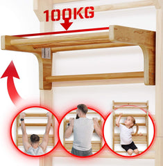 Physionics® Afneembare optrekstang voor wandrek – belastbaar tot 100 kg, 3 sporten, 73 x 45 x 27 cm, van hout, in hoogte verstelbaar – optrekbeugel, rekstang, ophangbeugel, turnwand