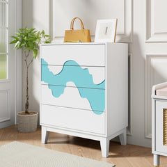 UEV Commode met 4 schuifladen, smal, 60 x 35 x 82 cm, modern design met golfpatroon/drukdeuropener, opbergcommode, dressoir, bijzetkast, hout, voor slaapkamer, woonkamer, hal, wit + blauw