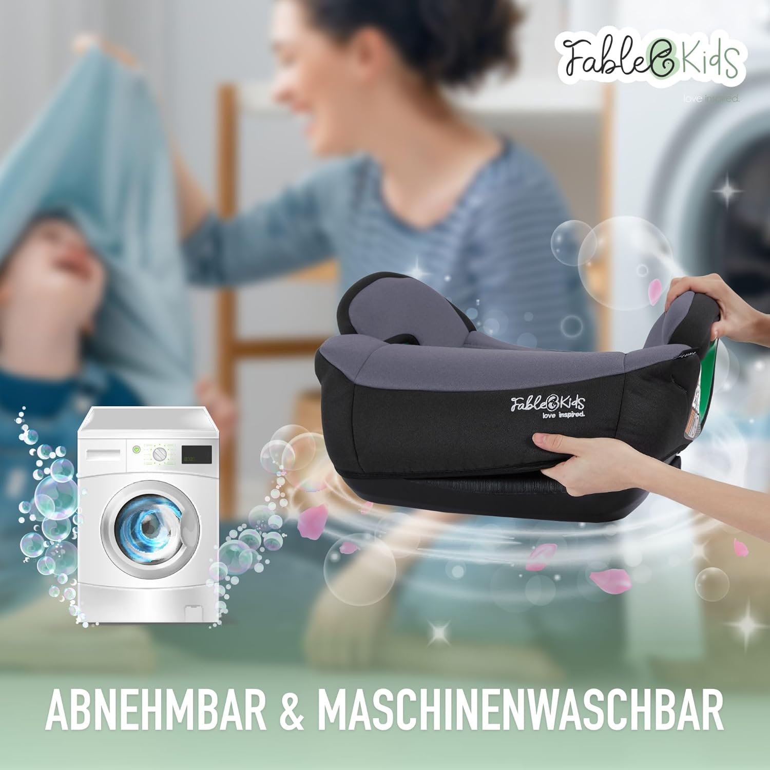 FableKids Isofix Zitverhoger, 3-punts veiligheidsgordel, kinderzitverhoging tot 5 jaar, autostoel voor kinderen, 125-150 cm, met bekerhouder, ECE R129/03, grijs