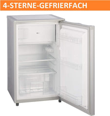 Stillstern Koelkast, met vriesvak, energielabel A++, 90 liter, 4-sterren-vriesvak (-18 °C), ledverlichting aan de binnenkant, automatisch ontdooien, in hoogte verstelbare glasplaten, groentelade, deurvakken, zilverkleurig