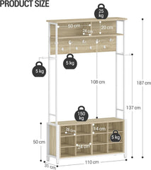 Hzuaneri Kapstok met schoenenbank, garderobe met 13 haken, 14 open vakken, verstelbare planken, kledingstandaard voor hal, entree, 31 x 110 x 187 cm, eiken-wit HT17916W