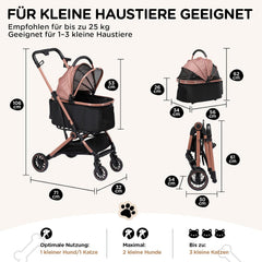 COMHOMA opvouwbare hondenbuggy tot 25 kg, 4-in-1 hondenbuggy, opvouwbare kattenbuggy met 180° verstelbare kap en bekerhouders, 360° zwenkbare EVA-voorwielen en remmen op de achterwielen, roségoud •