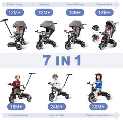Besrey 7-in-1 driewieler voor kinderen, babydriewieler, buitenspeelgoed voor kinderwagen, opvouwbare multifunctionele fiets, aanbevolen voor kinderen van 1-6 jaar (klassieke editie - grijs)