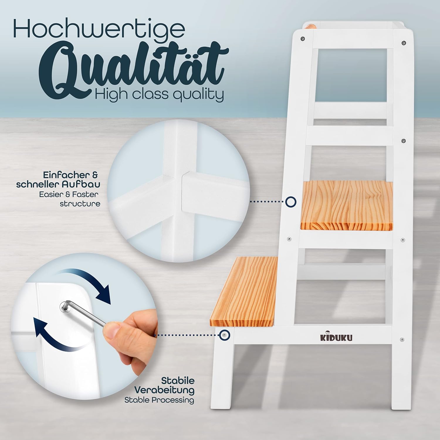KIDUKU® Leertoren van hout, kinderkruk voor kinderen vanaf de staande houder, leertoren voor de hoogste veiligheid, leertoren voor meisjes en jongens (wit/hout, natuurlijk)