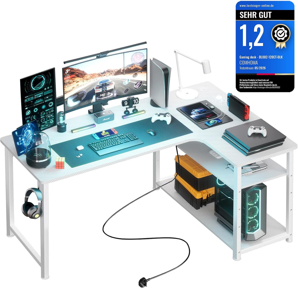 COMHOMA Gamingtafel met stopcontact, 130 x 80 cm, bureau, hoekbureau met USB-oplaadaansluiting en plank, computertafel, L-vorm, pc-tafel voor kantoor, thuiskantoor