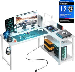 COMHOMA Gamingtafel met stopcontact, 130 x 80 cm, bureau, hoekbureau met USB-oplaadaansluiting en plank, computertafel, L-vorm, pc-tafel voor kantoor, thuiskantoor