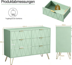UEV Commode met 6 laden, 100 x 34 x 73 cm, opbergkast voor kleding, documenten, speelgoed, veel opbergruimte, dressoir, smal voor woonkamer, slaapkamer, kantelbeveiliging, eenvoudige montage (groen)