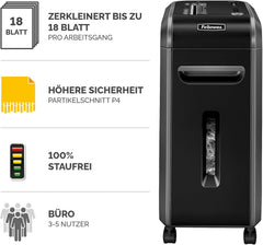 Fellowes Powershred 99Ci, papierversnipperaar voor kantoor, 18 vellen, papierversnipperaar met 100% scheurvrije technologie, Safesense, energiebesparingssysteem, 34 l papiermand, CD-versnipperaar •