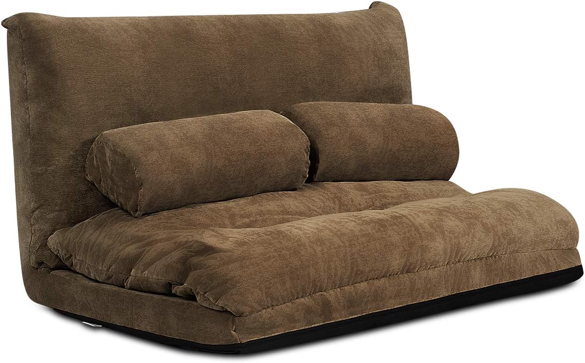 COSTWAY Verstelbare vloerbank en bank, multifunctionele 6-standen opvouwbare luie bank met 2 kussens, duurzame & stabiele suède vloer zitbank voor slaapkamer/woonkamer/balkon (Koffie)