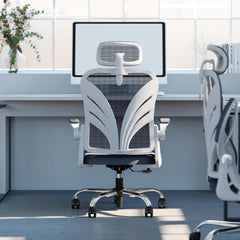 HOLLUDLE Ergonomische bureaustoel met inklapbare rugleuning, bureaustoel met 2D-hoofdsteun, opklapbare armleuningen en mesh, lendensteun, draaistoel, computerstoel, grijs/wit