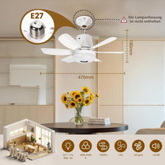 Plafondventilator met verlichting en afstandsbediening, E27, met luidsprekers, dimbare ventilatorlamp, led, 3000-6500 K, RGB-sfeerverlichting en timer, stil voor slaapkamer en woonkamer