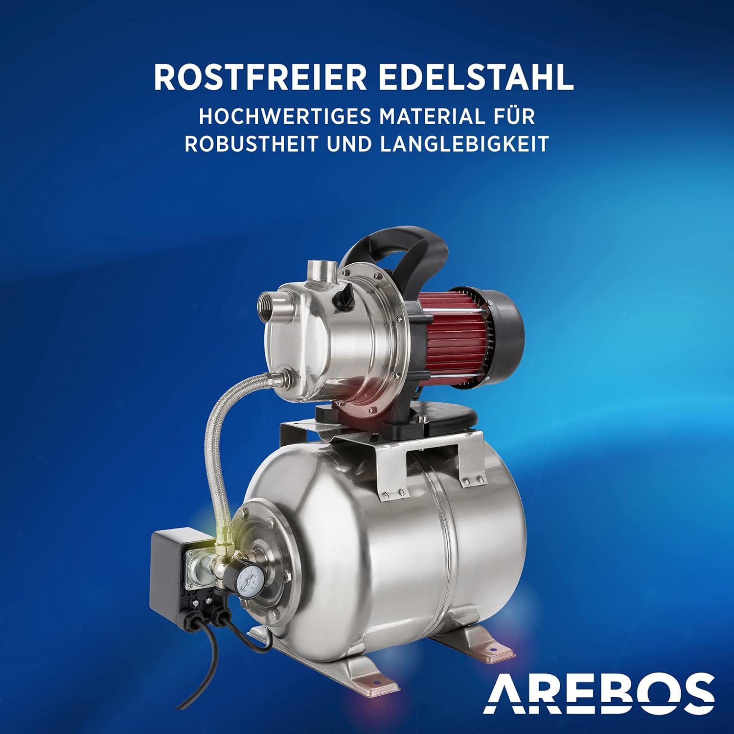 Arebos Huiswaterinstallatie, 1200 watt, debiet 3800 l/u, opvoerhoogte 48 meter, tank van 19 liter
