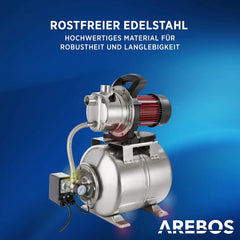 Arebos Huiswaterinstallatie, 1200 watt, debiet 3800 l/u, opvoerhoogte 48 meter, tank van 19 liter