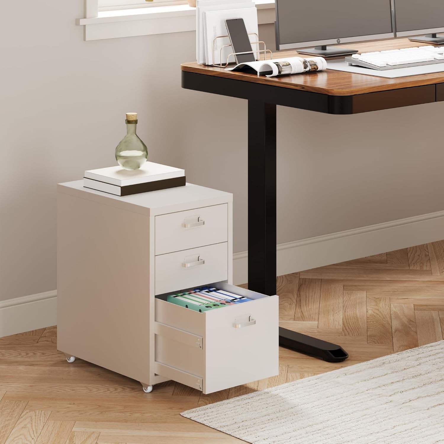 FLEXISPOT Rollcontainer, kantoorkast met 3 laden, archiefkast, metalen kast, commode met wielen, bureau, onderkast voor thuis en kantoor, wit