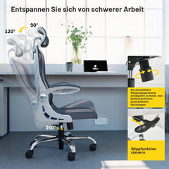HOLLUDLE Ergonomische bureaustoel met inklapbare rugleuning, bureaustoel met 2D-hoofdsteun, opklapbare armleuningen en mesh, lendensteun, draaistoel, computerstoel, grijs/wit