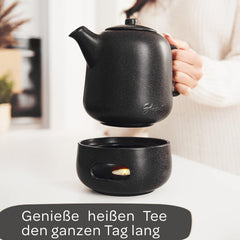 STEINZEIT Design theepot met stoofje, 1,3 liter, met zeefinzet van roestvrij 304 roestvrij staal, keramiek met uniek glazuur met zeef, uitneembaar, zwart