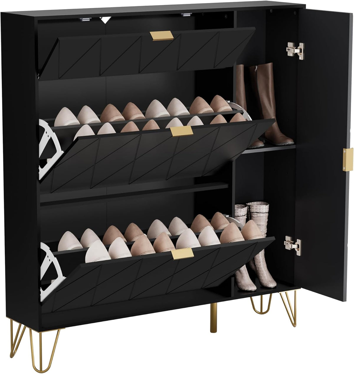 UEV Schoenenkast met 2 kleppen en 2 deuren, 105 x 24 x 120 cm, schoenenkast, zwarte schoenenkast, smalle schoenenkast in de hal, ruimtebesparend •