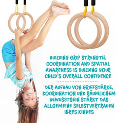 Physionics® Wandset voor kinderen/volwassenen, incl. optrekstang/ringen/trapezium/trapezium/trapezium/touwladder, van hout, tot 100 kg, indoor - klimwand, klimrek, turnwand, Zweedse ladder