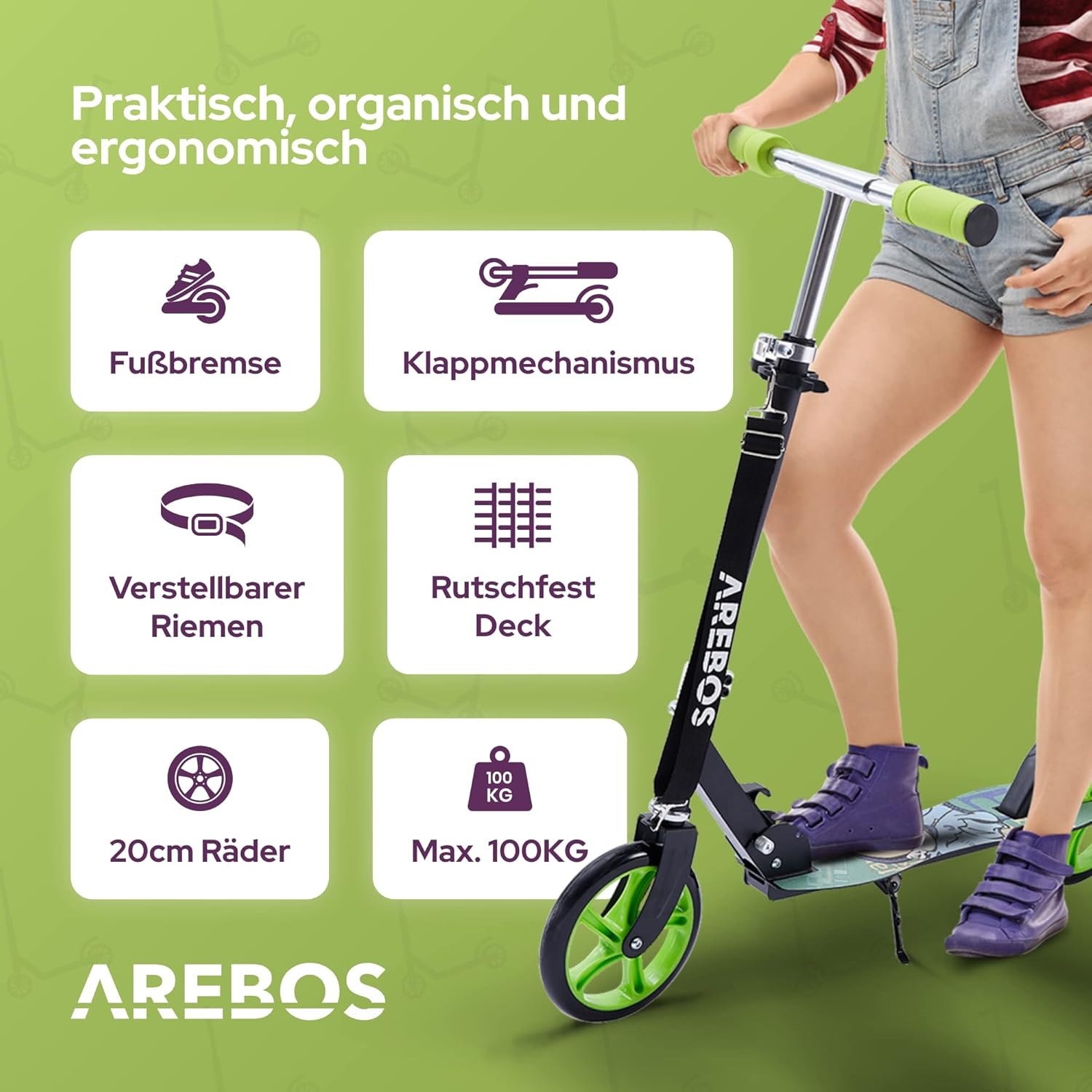 Arebos Cityroller groene scooter in hoogte verstelbaar | inklapbaar | incl. draagriem | XXL wielen | traprem | voor kinderen en volwassenen | tot 100 kg belastbaar | kickscooter | kickscooter