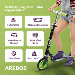 Arebos Cityroller groene scooter in hoogte verstelbaar | inklapbaar | incl. draagriem | XXL wielen | traprem | voor kinderen en volwassenen | tot 100 kg belastbaar | kickscooter | kickscooter
