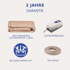 SANICO Complete anti-decubitus-matrasset, opblaasbaar anti-decubitus bed met gemotoriseerde compressor en eindkleppen, kussen voor verlichting van decubitus, slaapkwaliteit, max. 135 kg, beige •