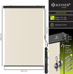 KESSER® Verticale luifel, 160 x 250 cm, buitenrolgordijn, handslingermechanisme, balkonrolgordijn, zon- en inkijkbescherming, zonwering, met zwengel, luifelkast, balkon en terras, inclusief montageset
