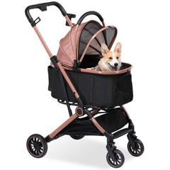 COMHOMA opvouwbare hondenbuggy tot 25 kg, 4-in-1 hondenbuggy, opvouwbare kattenbuggy met 180° verstelbare kap en bekerhouders, 360° zwenkbare EVA-voorwielen en remmen op de achterwielen, roségoud •