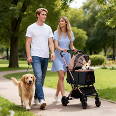 COMHOMA opvouwbare hondenbuggy tot 25 kg, 4-in-1 hondenbuggy, opvouwbare kattenbuggy met 180° verstelbare kap en bekerhouders, 360° zwenkbare EVA-voorwielen en remmen op de achterwielen, roségoud •