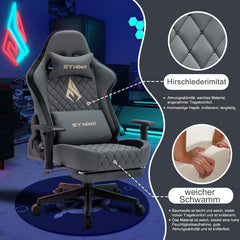 Symino Gamingstoel, ergonomische bureaustoel in racestijl, 200 kg belastbaarheid, verstelbare armleuningen, vintage PU-leer, gamingstoel met voetensteun, grijs