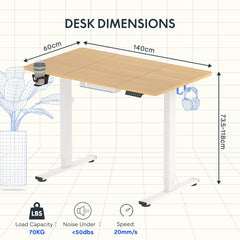 FLEXISPOT QS1 PRO Elektrisch Sta-bureau - Hoogteverstelbaar Zit-sta Bureau - Thuiskantoor/Studiekamer met Bekerhouder & Haken - 4-stands geheugenmodule - (140x60 cm) Esdoorn