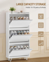 Hzuaneri Schoenenkast met 3 kleppen, schoenenkast smal, golfvormig deurblad, verstelbaar, 16-18 paar, schoencommode voor ingang, hal, garderobe, 24 x 60 x 146,5 cm, wit-zilver SR62103W
