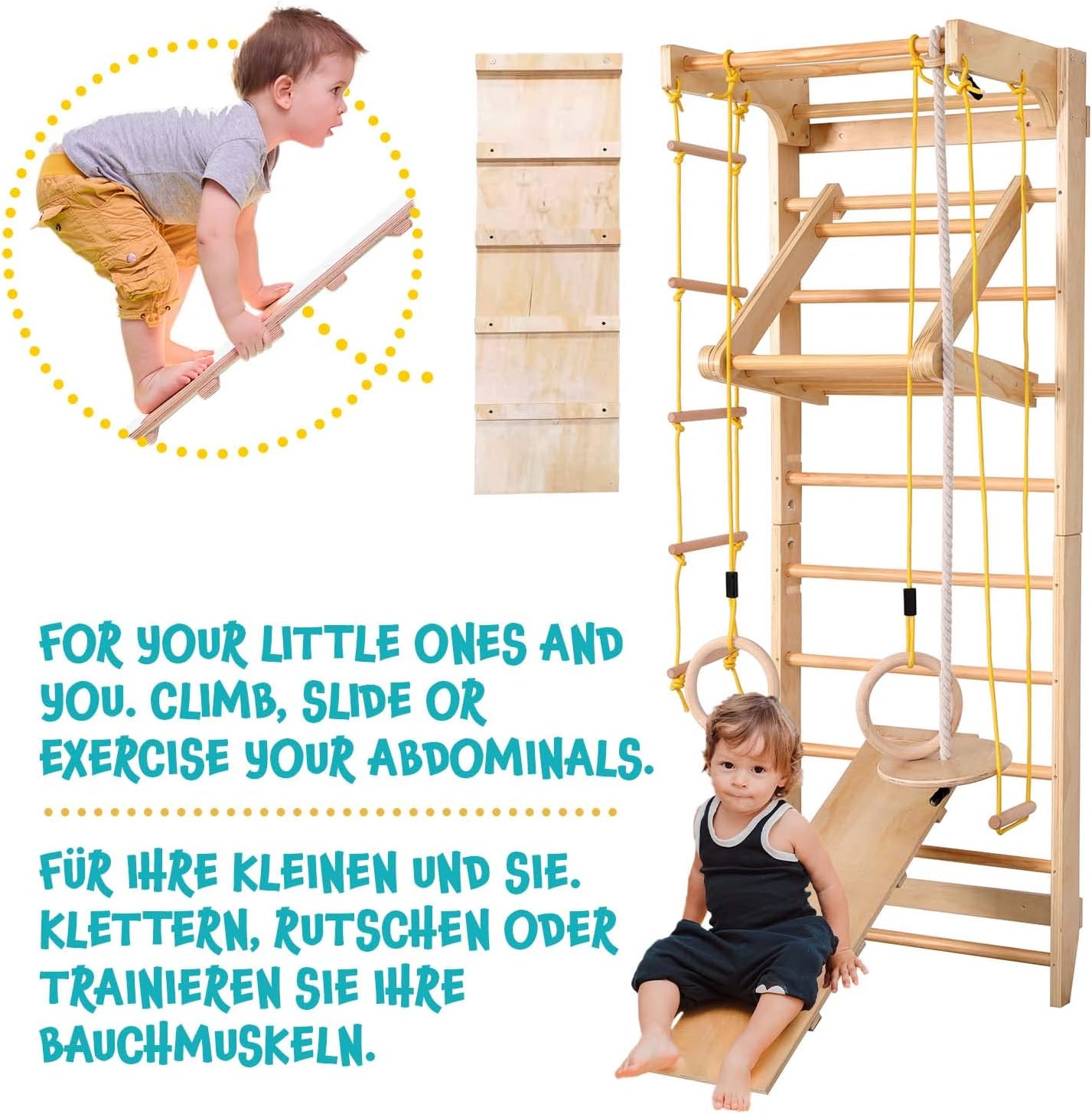 Physionics® Wandset voor kinderen/volwassenen, incl. optrekstang/ringen/trapezium/trapezium/trapezium/touwladder, van hout, tot 100 kg, indoor - klimwand, klimrek, turnwand, Zweedse ladder