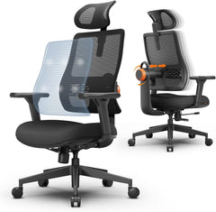 Newtral MAGICH003 Bureaustoel, ergonomisch, ergonomische bureaustoel met lumbale steun, dynamische, ergonomische kantoorstoel, computerstoel, 150 kg, met hoofdsteun, armleuning (Magic 003, zwart)