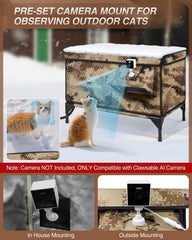 Onverwoestbaar verwarmd buitenkattenhuis voor de winter, 100% waterdicht, veilige ontsnappingsdeur, geïsoleerde buitenkattenopvang met verwarming voor wilde schuurkatten, katten, kittens (woestijncamouflage)