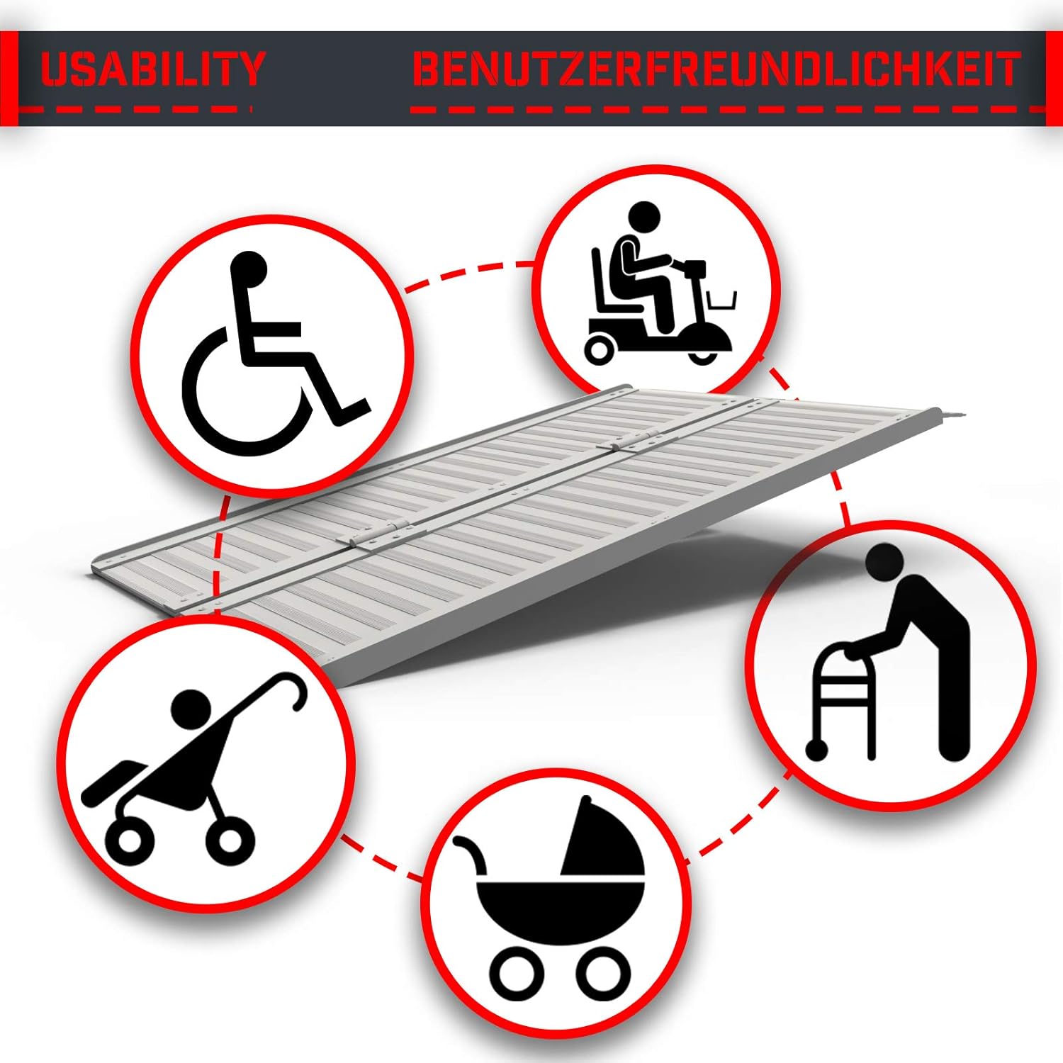 Jago® Rolstoelhelling - aluminium, inklapbaar, 90cm, mobiel opvouwbaar, 270 kg - laadhelling, drempelhelling, kofferhelling, oprijplaat voor trappen, rolstoelen rollatoren