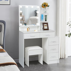 Saimeihome Hollywood glamour kaptafel met spiegel en verstelbare verlichting, witte kaptafel met 5 lades en stoel, ideaal voor vrouwen •