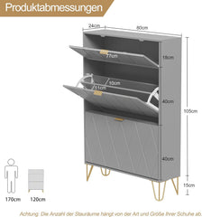 UEV Schoenenkast met 2 kleppen, 80 x 24 x 120 cm voor 16 paar schoenen met 1 lade, schoenenkast grijs, schoenenkast smal, kast hal schoenenkast in de hal, ruimtebesparend