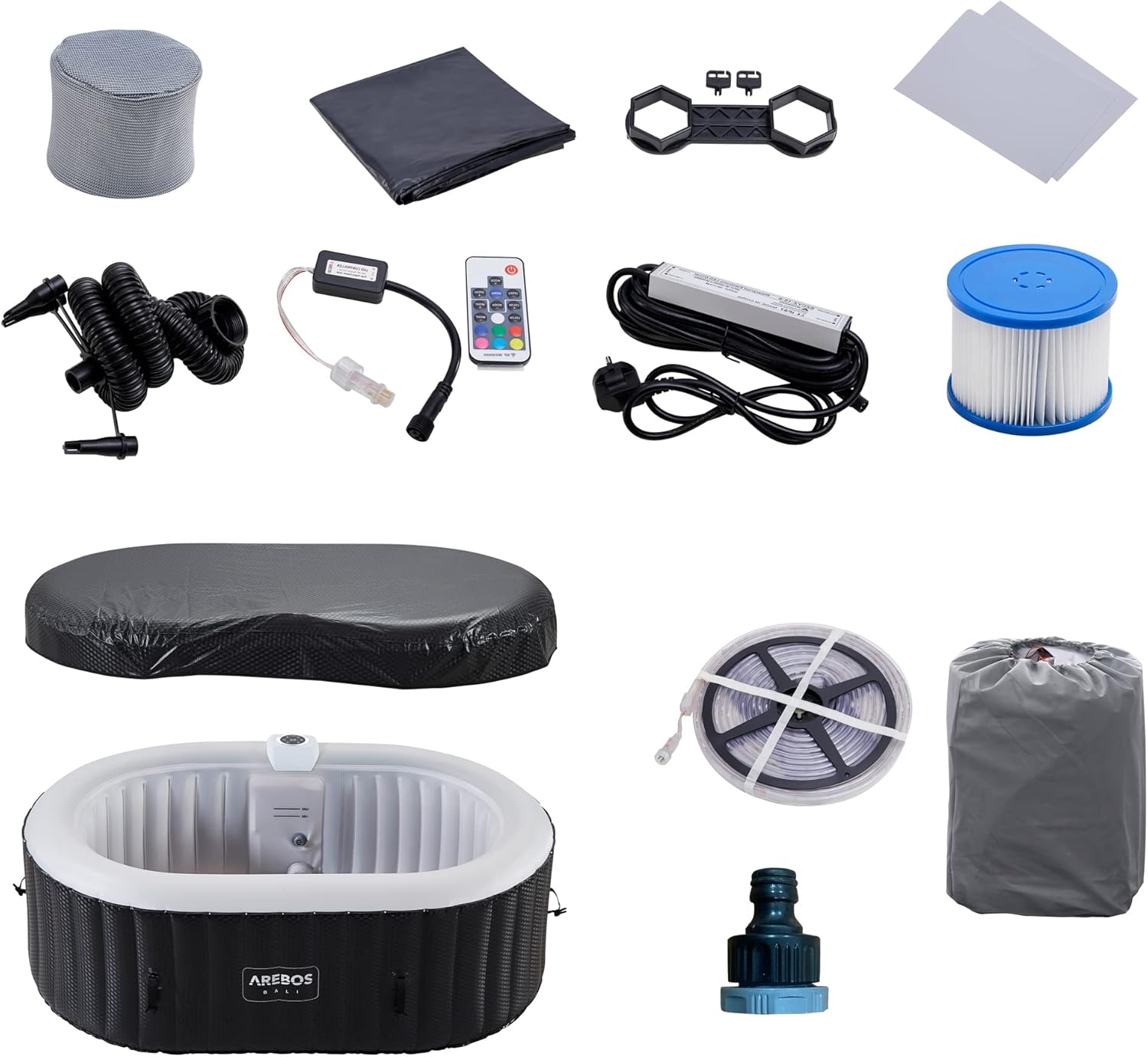 Arebos Whirlpool met ledverlichting, opblaasbaar, binnen en buiten, 190 x 120 cm ovaal, 2 personen, 90 massagejets, met verwarming, 550 liter, inclusief afdekking, bubbelspa en wellnessmassage