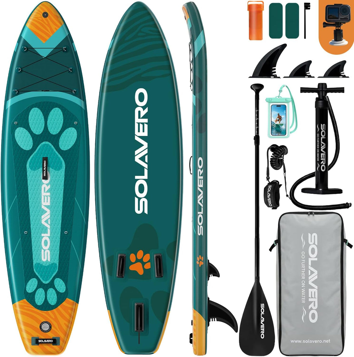 SOLAVERO Stand Up Paddleboard met alle accessoires, opblaasbaar paddleboard voor beginners en gezinnen, 323 x 83 x 15 cm, stabiel SUP-board, belastbaar tot 200 kg, met anti-slip EVA-dek voor