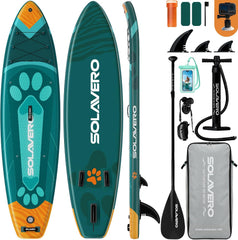SOLAVERO Stand Up Paddleboard met alle accessoires, opblaasbaar paddleboard voor beginners en gezinnen, 323 x 83 x 15 cm, stabiel SUP-board, belastbaar tot 200 kg, met anti-slip EVA-dek voor