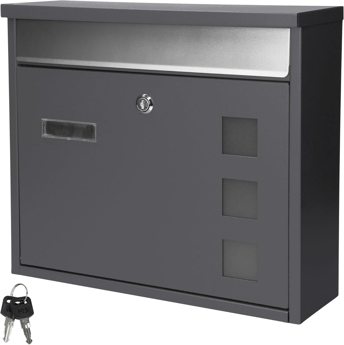 ECD Germany Brievenbus met naamplaatje en kijkvenster, 36 x 31,5 x 11,5 cm, antraciet-zilver, gepoedercoat roestvrij staal, afsluitbaar, 2 sleutels, moderne wandbrievenbus, design brievenbus •