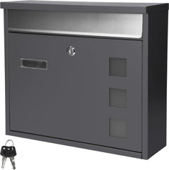 ECD Germany Brievenbus met naamplaatje en kijkvenster, 36 x 31,5 x 11,5 cm, antraciet-zilver, gepoedercoat roestvrij staal, afsluitbaar, 2 sleutels, moderne wandbrievenbus, design brievenbus •