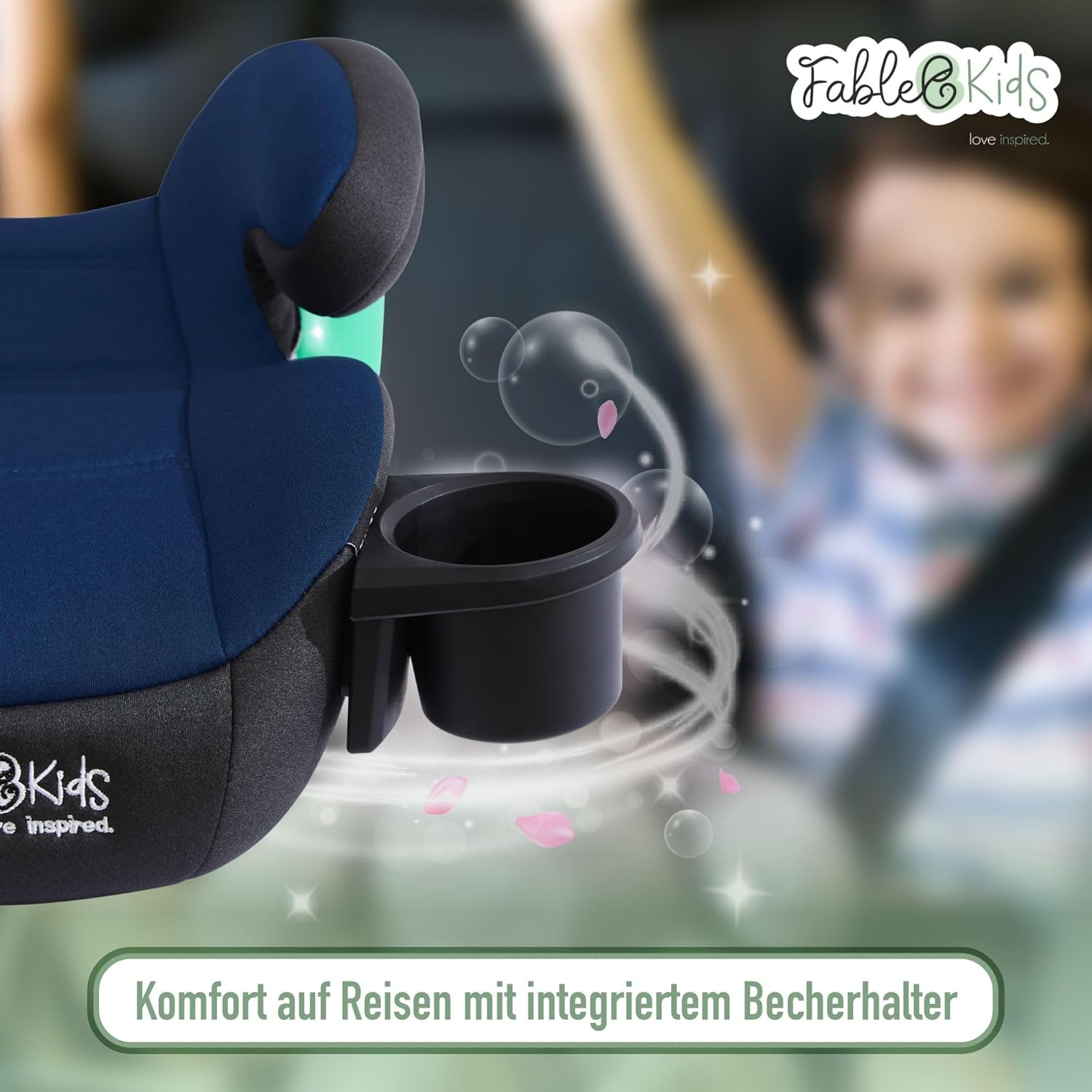 FableKids Zitverhoging auto kinderen Isofix | 3-punts veiligheidsgordel | kinderzitverhoging tot ca. 12 jaar | autostoel voor kinderen 125-150 cm met bekerhouder | ECE R129/03 | blauw