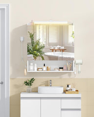 Hzuaneri MC00303XEU Spiegelkast met verlichting, badkamerkast met spiegel, wandkast, haardrogerhouder en haken, met stekker, verstelbare etages, wit, 16,5 x 70 x 80 cm