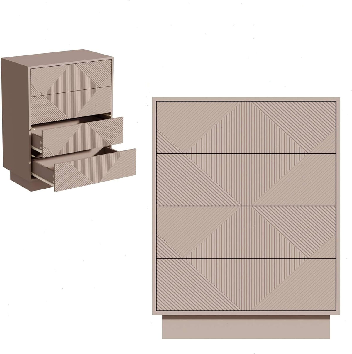UEV Commode met 4 laden, kast met ruitpatroon lijnen, 60x33,5x77,5cm woonkamer slaapkamer, Moka