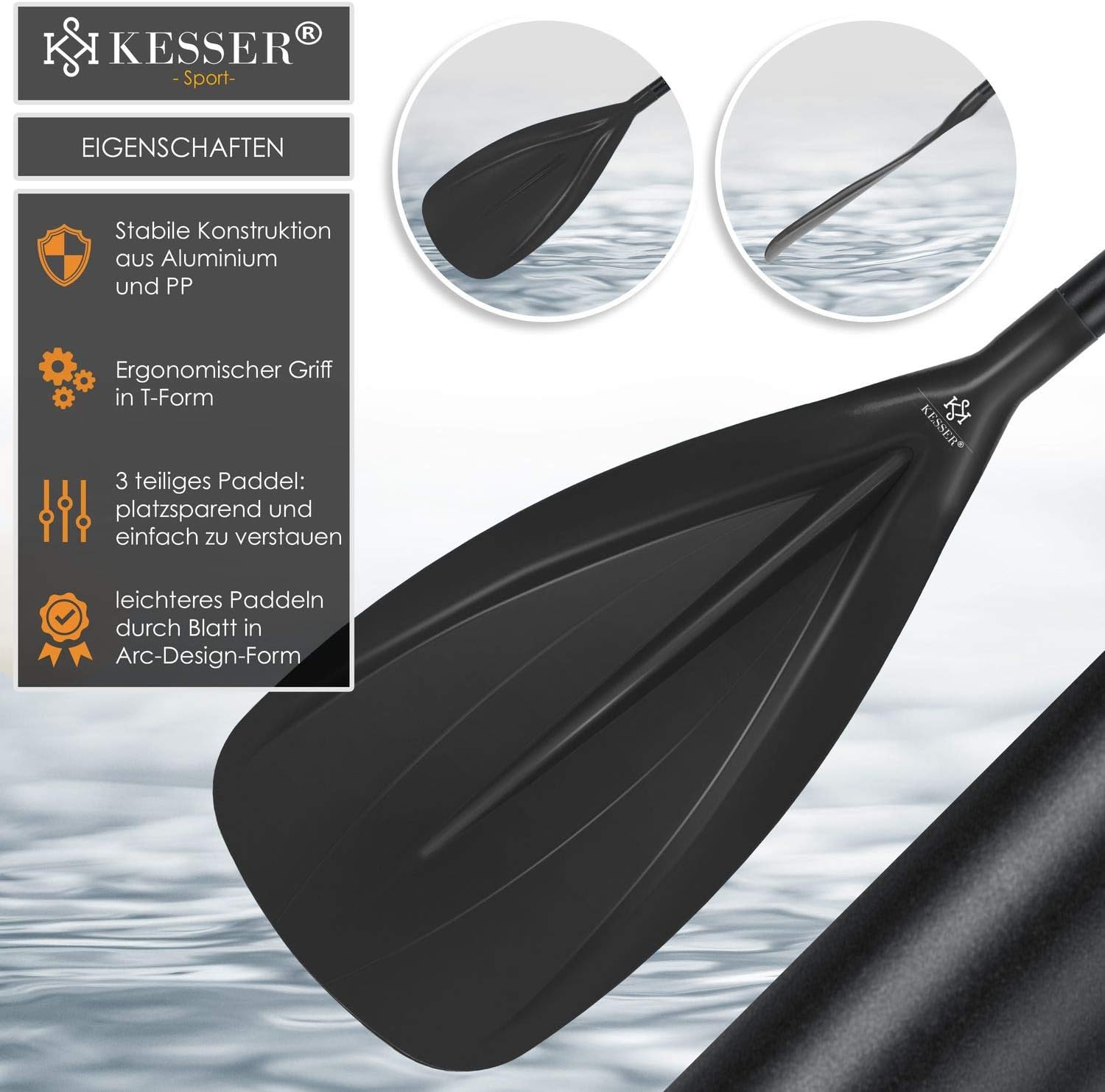 KESSER® Paddle - 3-delig voor kajak SUP stand-up paddling board, steekpeddel, verstelbare telescopische peddel, 165 cm - 215 cm aluminium voor stand-up peddel, kajakken, surfboard, boot, anti-slip
