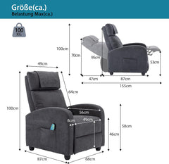 HPIV Relaxstoel, televisiestoel met ligfunctie, massagefunctie, warmtefunctie, massagestoel met afstandsbediening, ruststoel, stof, ligstoel, grijs